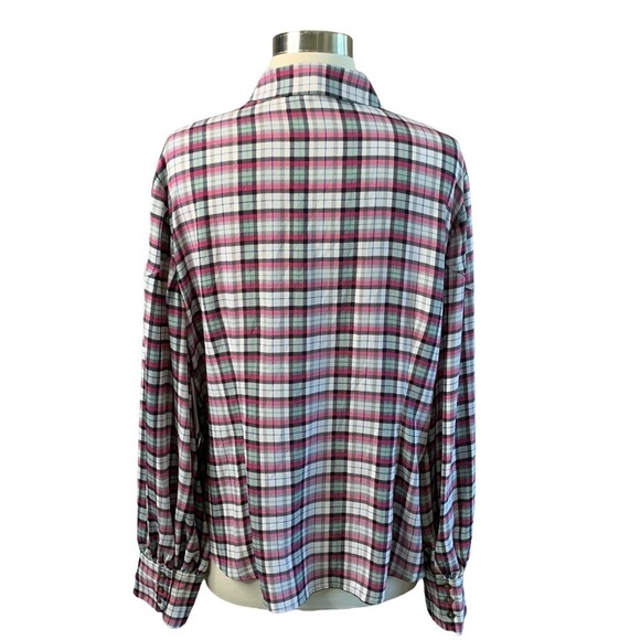 Riley & Rae Lavallière Bow Blended Legacy Pink Plaid Button Up Blouse Large - Picture 2 of 11